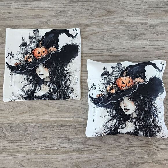 Halloween Gothic Witch Throw Pillow Covers Hat w/Pumpkins Zip Closure Set Of 2 - Picture 1 of 8